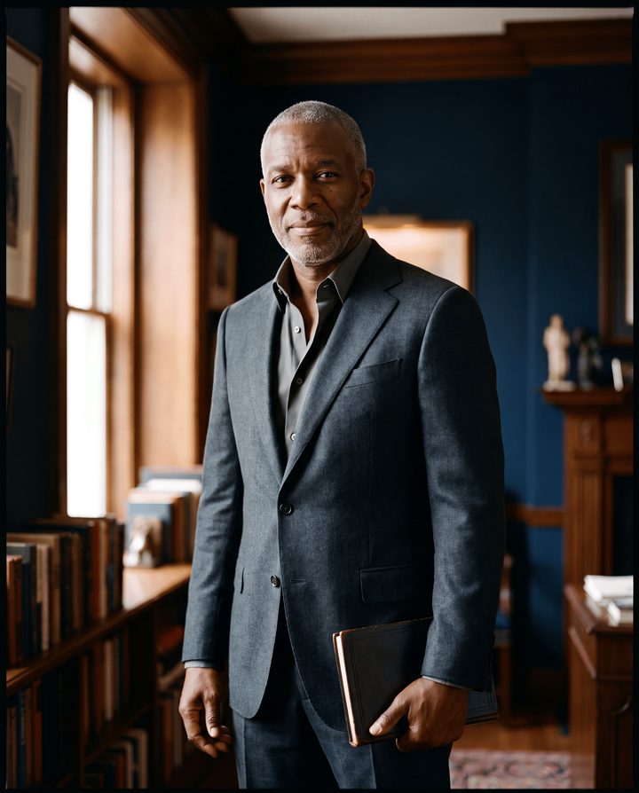 An author standing with a finished hardcover book held at his side.