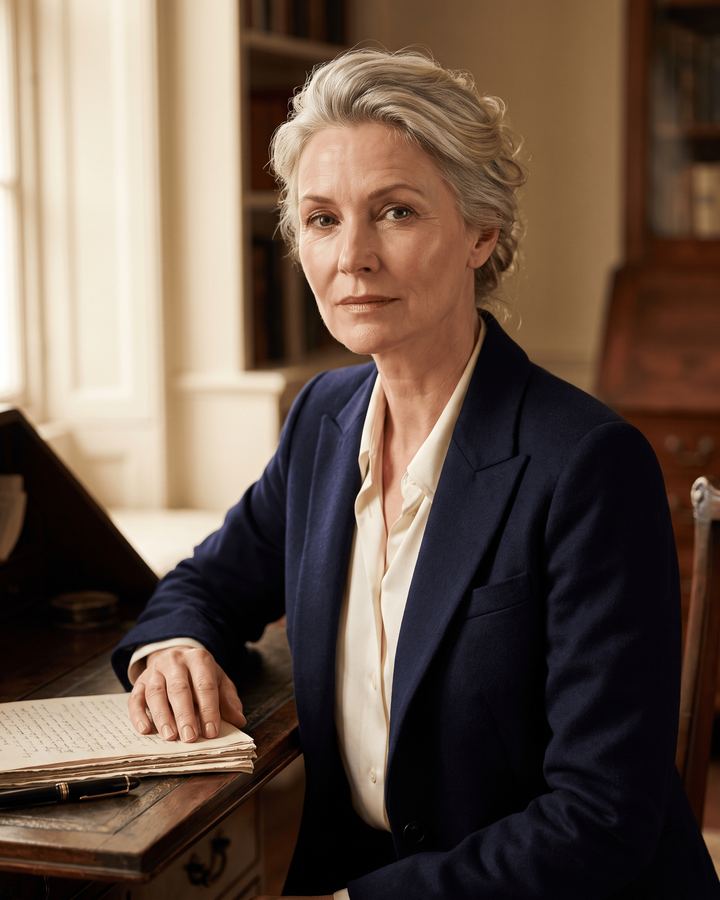 A woman in her fifties at a writing desk, one hand resting on a stack of manuscript pages.
