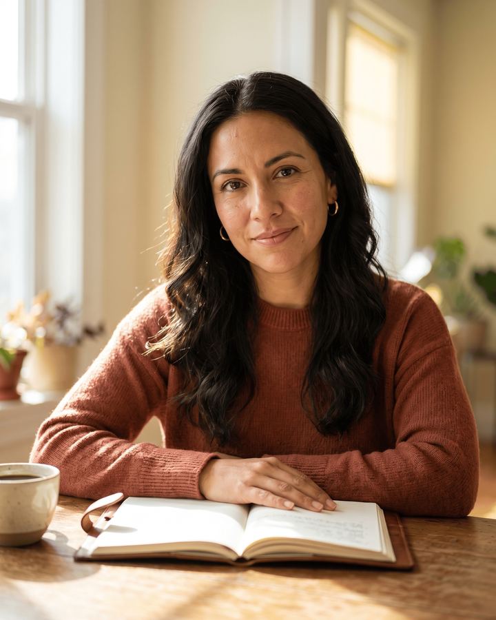 A woman at a sunlit kitchen table with an open leather notebook and a cup of coffee.