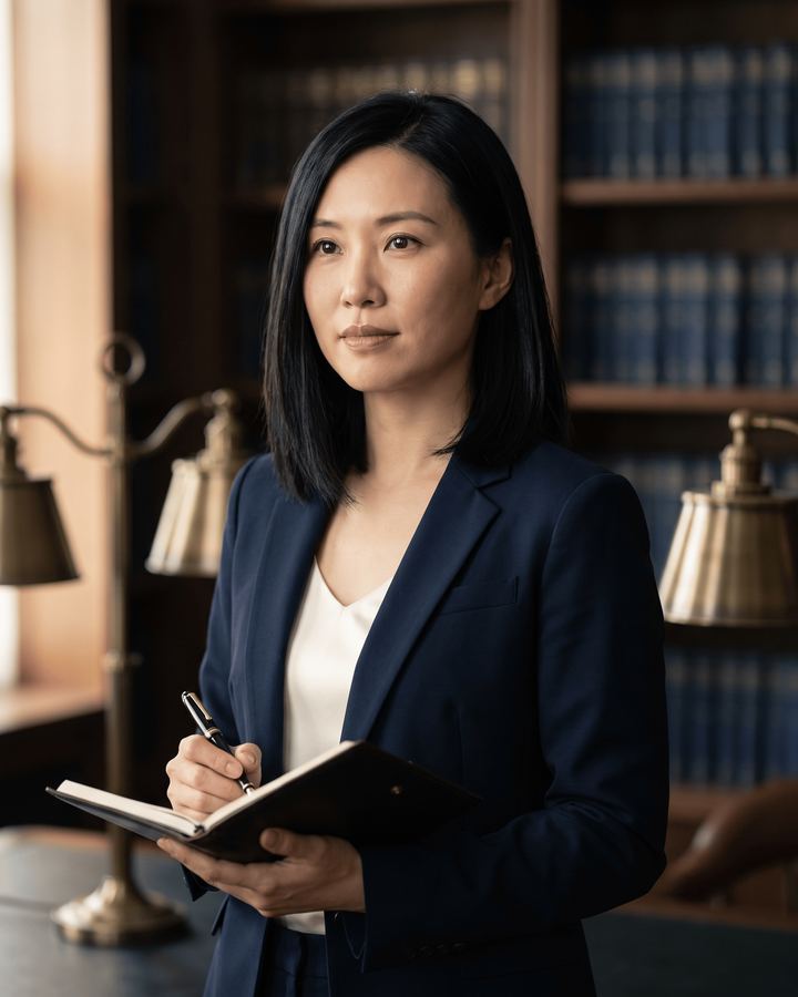 A woman in a library, fountain pen in hand over a closed leather journal.